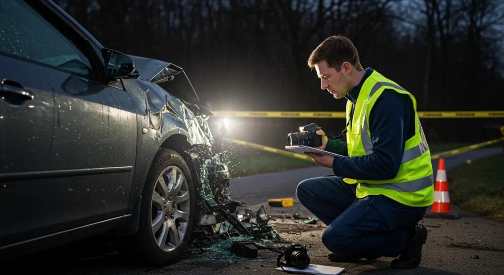 Individual collecting evidence at a car accident scene, emphasizing the critical importance of documentation for your claim