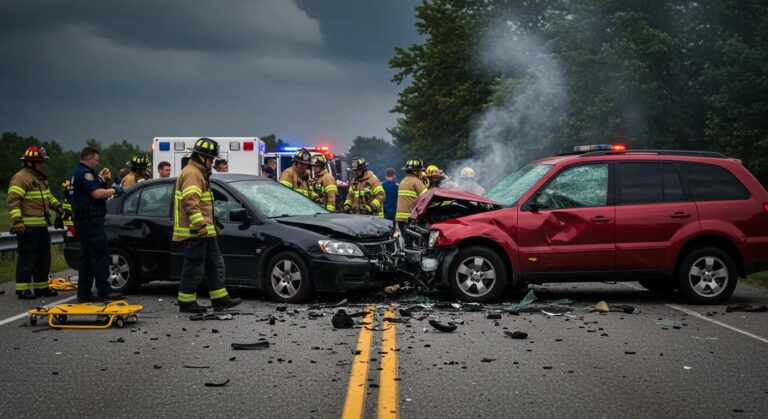 Car accident scene with damaged vehicles and emergency responders, illustrating how negligence impacts lives