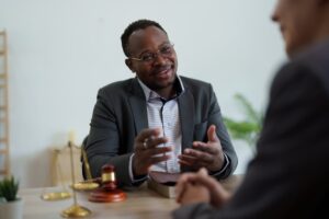 Car accident victim meeting with a North Carolina car accident lawyer for a free consultation