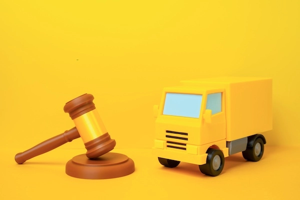 A gavel and a yellow truck representing a Charlotte truck accident lawyer handling truck accident cases.