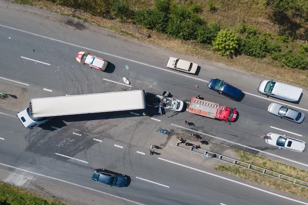 A truck accident lawyer arrives at the scene of a catastrophic truck accident on the highway involving multiple vehicles.